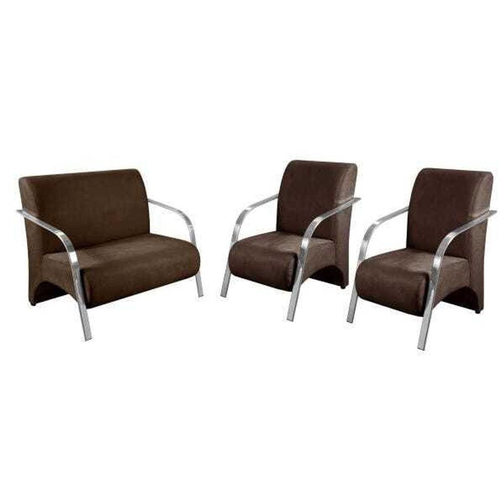 Conjunto Poltrona Decorativa Vênus Braço Alumínio Kit 3 Peças Suede