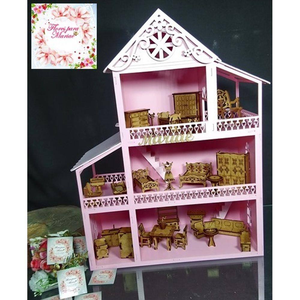 Casinha De Boneca Polly Mdf Pintada Casa C/ Kit 37 Móveis