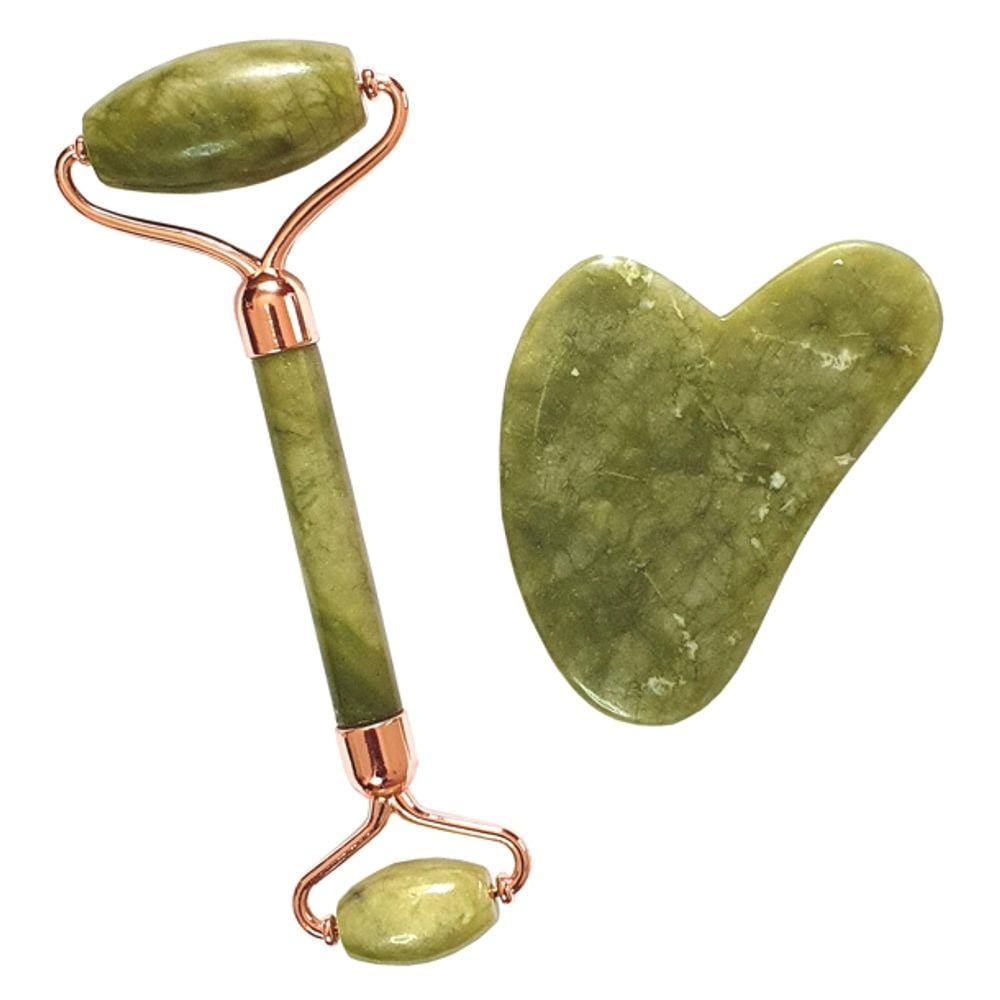 Rolo de Pedra Natural de Jade Massageador Facial Galvanizado + Placa Gua Sha Coração