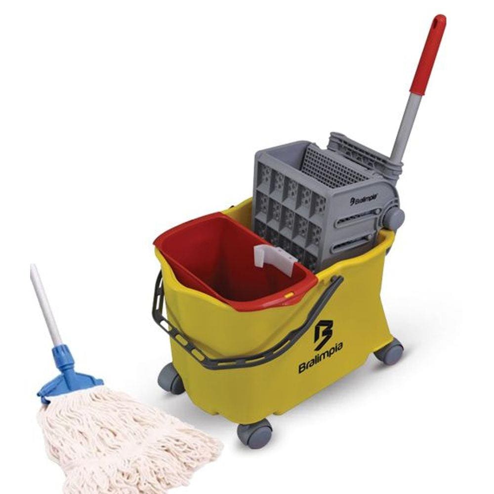 Balde Espremedor Para MOP Úmido DOBLÔ 20 Litros B20FAM Flex AMARELO + MOP Úmido Completo (Cabo + Garra + Refil) BRALIMPIA