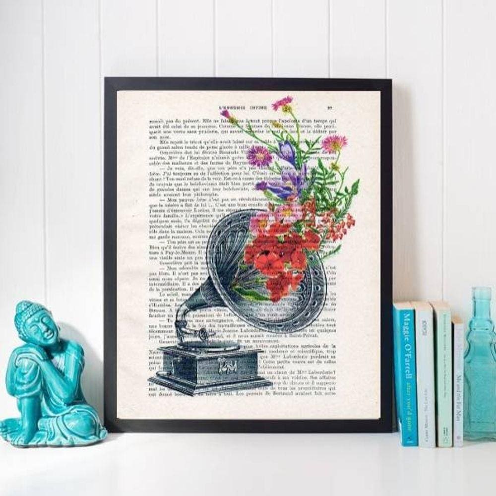 Quadro Decorativo Decorativo Gramofone com Flores