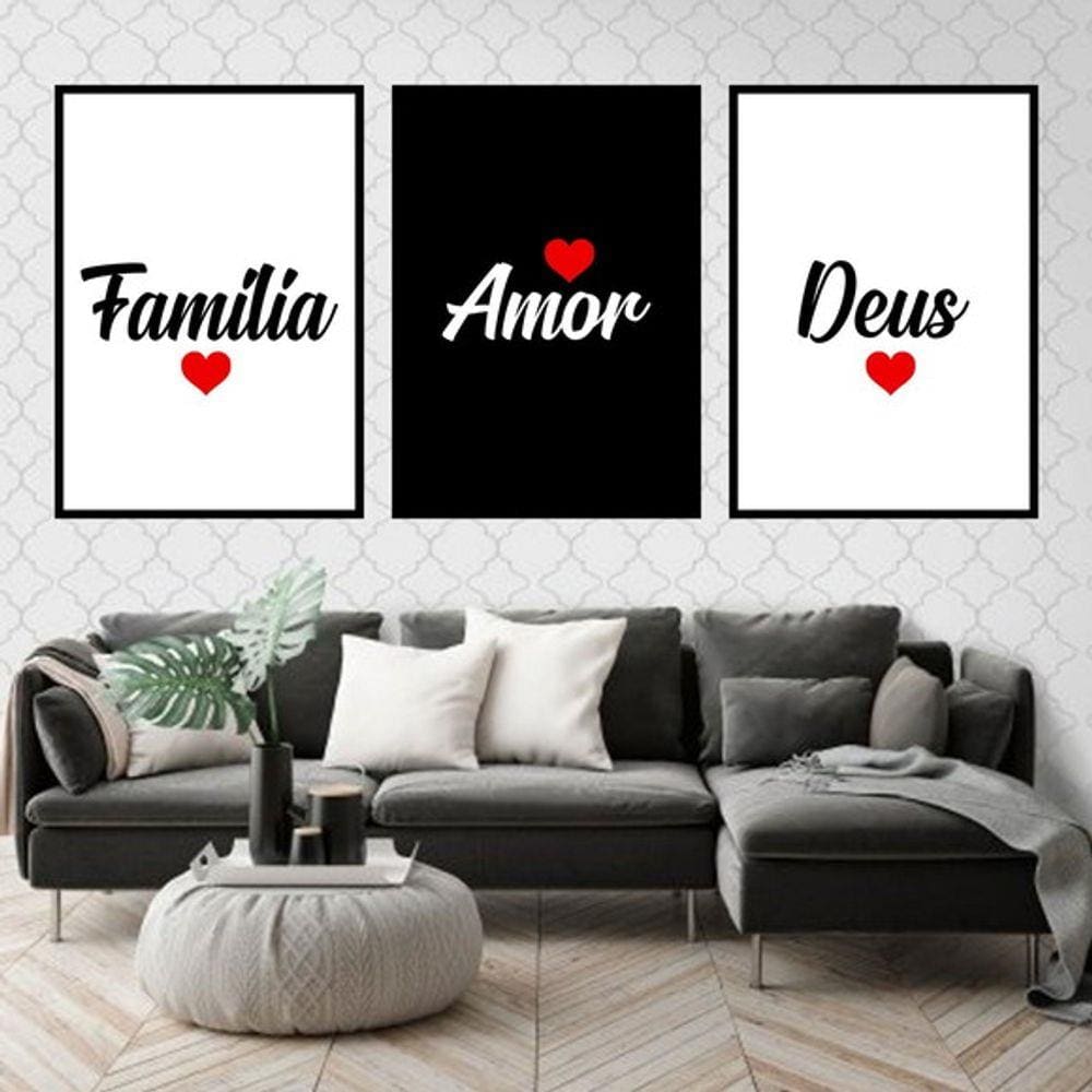 Kit 3 Quadros Decorativos Família, Deus e Amor