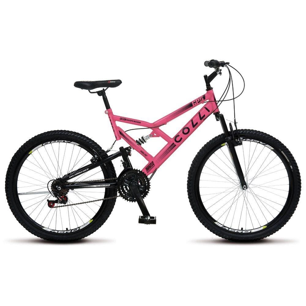 Bicicleta GPS Aro 26 Aço 21 Marchas Dupla Suspensão Freio V-Brake Rosa Neon - Colli Bike