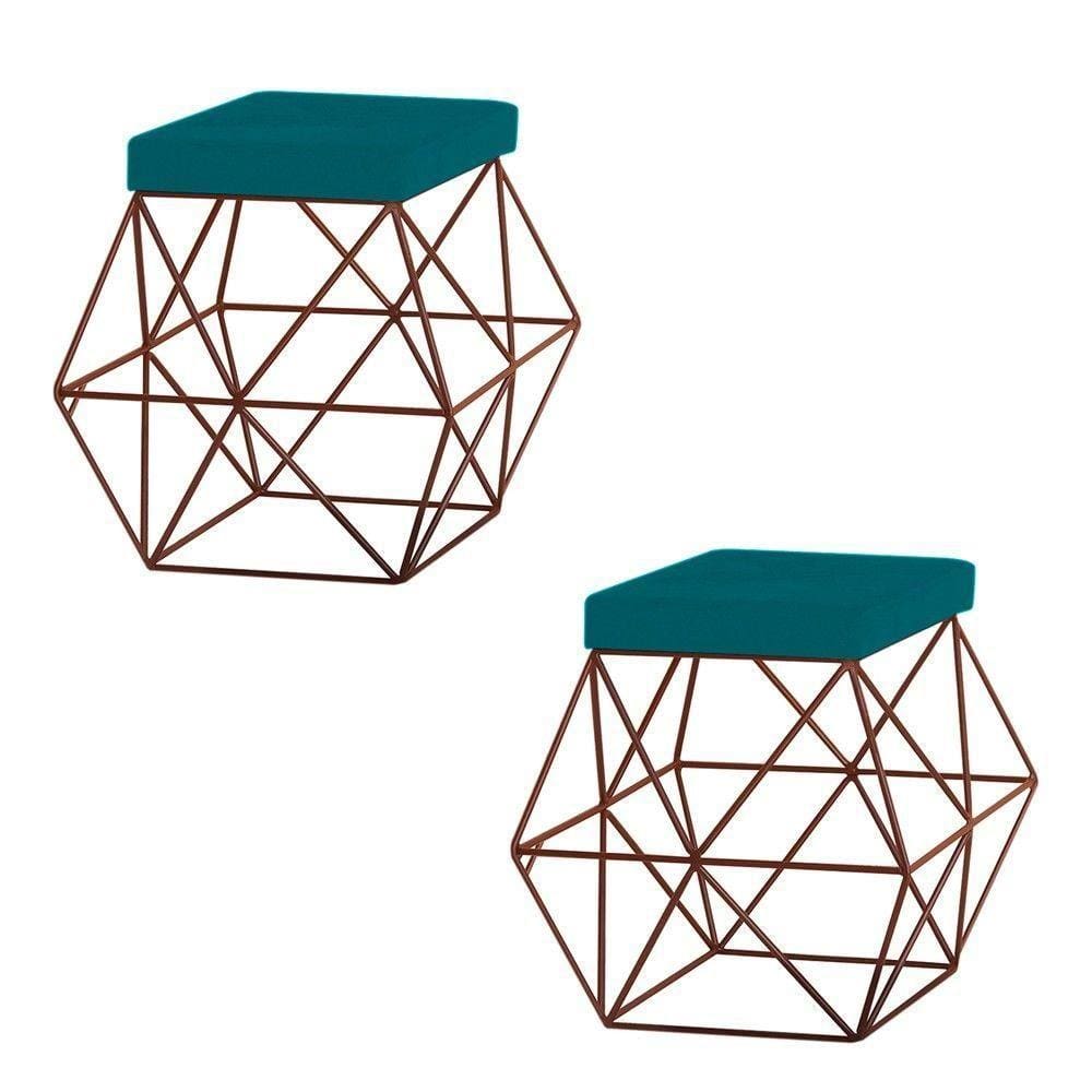 2 Puffs Decorativo Base Bronze Trixie Suede Azul Claro