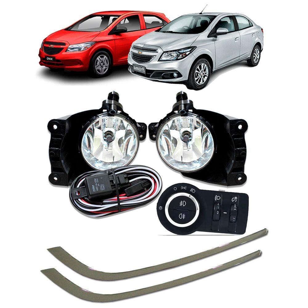 Kit Farol De Milha Neblina Chevrolet Novo Prisma / Onix Lt / Ltz 2013 Á 2015 Interruptor + Friso Cromo