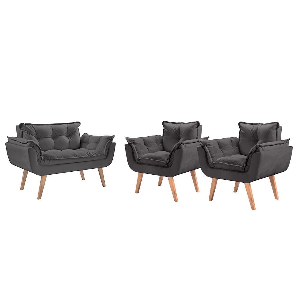 Conjunto Poltrona Namoradeira E 02 Poltronas Pés Em Madeira Bella Suede