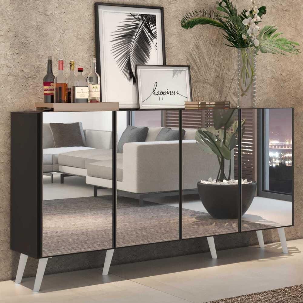 Aparador Buffet 4 portas c/ Espelho e Pés Retrô Vegas Multimóveis Preto/Branco