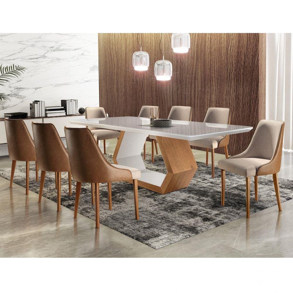 Conjunto Sala de Jantar Mesa Madeira Maciça Sarah e 8 Cadeiras Roma Mobilare Cinamomo Imbuia/Off White/Imbuia Natural/Turim/Car