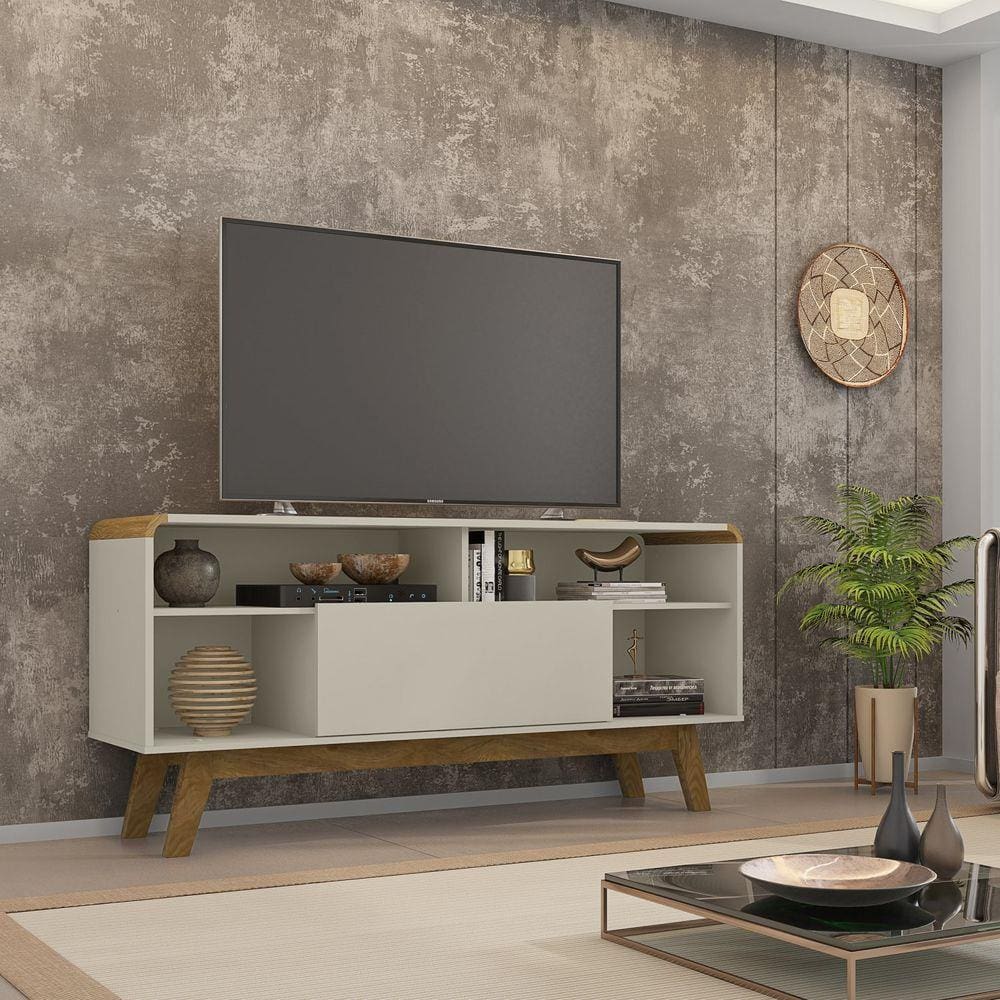 Rack Lazuli para TVs 55 Polegadas Pés Madeira Maciça e Cantos Curvos Móveis Bechara Off-White