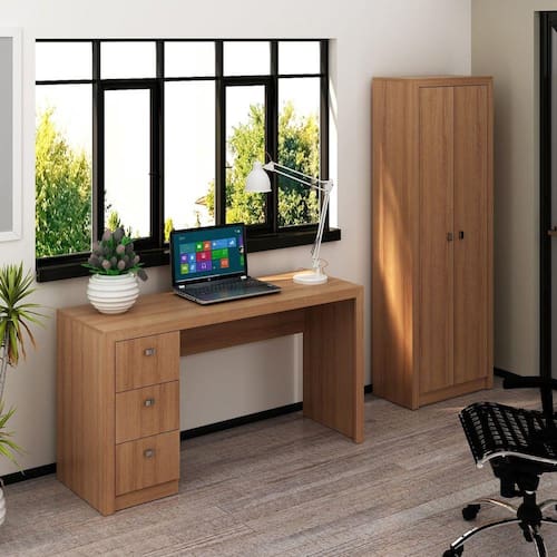 Conjunto Home Office Escrivaninha 3 Gavetas Armário 2 Portas Tecno Mobili Amendoa Menor preço em Conjunto Home Office Escrivaninha 3 Gavetas Armário 2 Portas Tecno Mobili Amendoa
