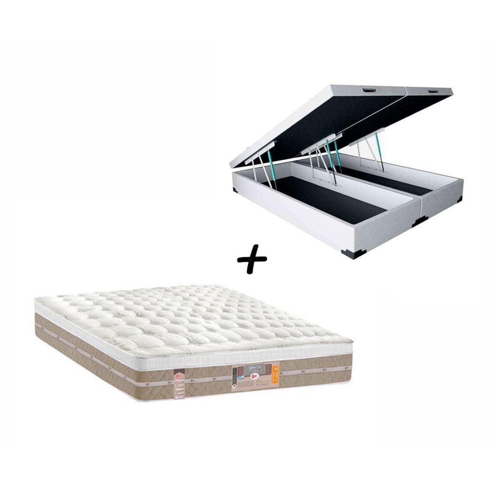 Box Baú King Sintético Branco + Colchão Castor King Silver Star Mola Pocket Air One Face 193x203x032