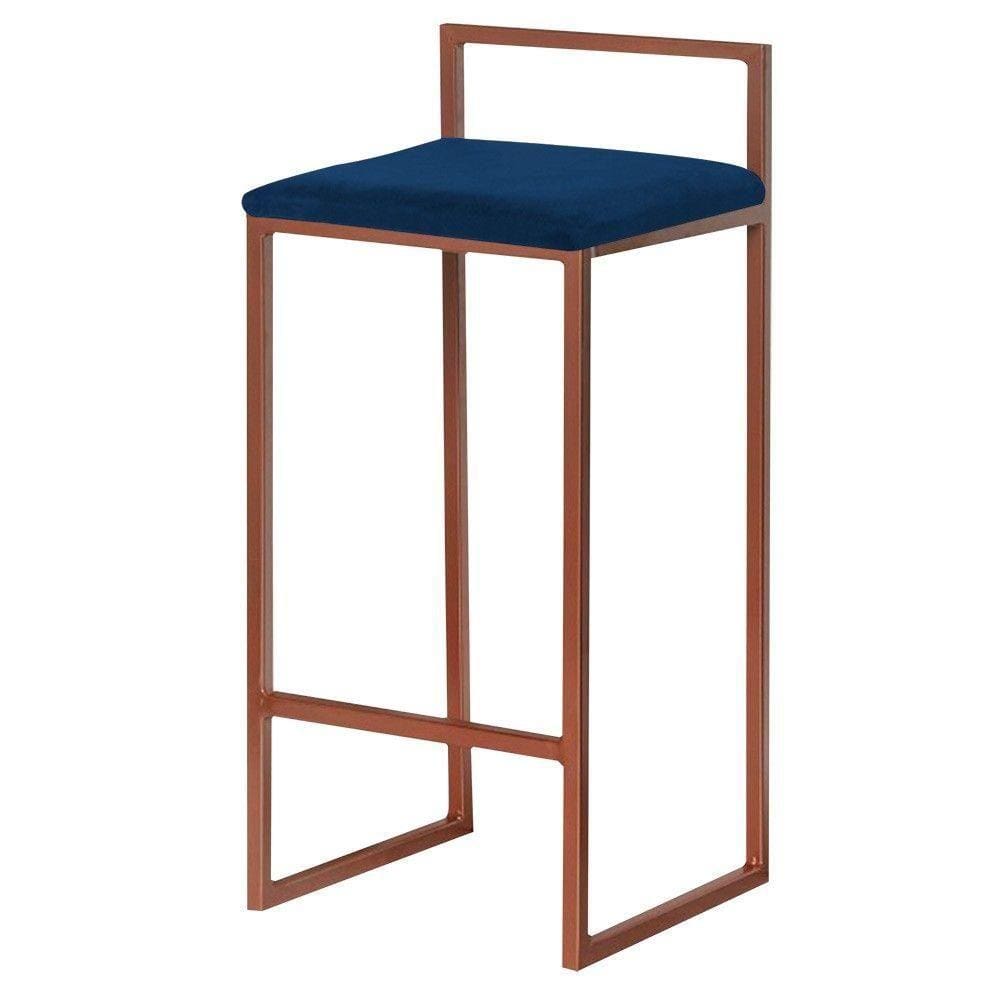 Banqueta Decorativa Jasmine Base Bronze Veludo Azul