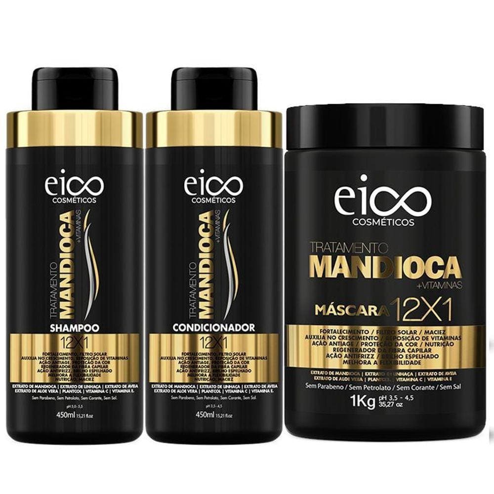 Eico Mandioca Shampoo + Condicionador 450Ml + Máscara 1Kg