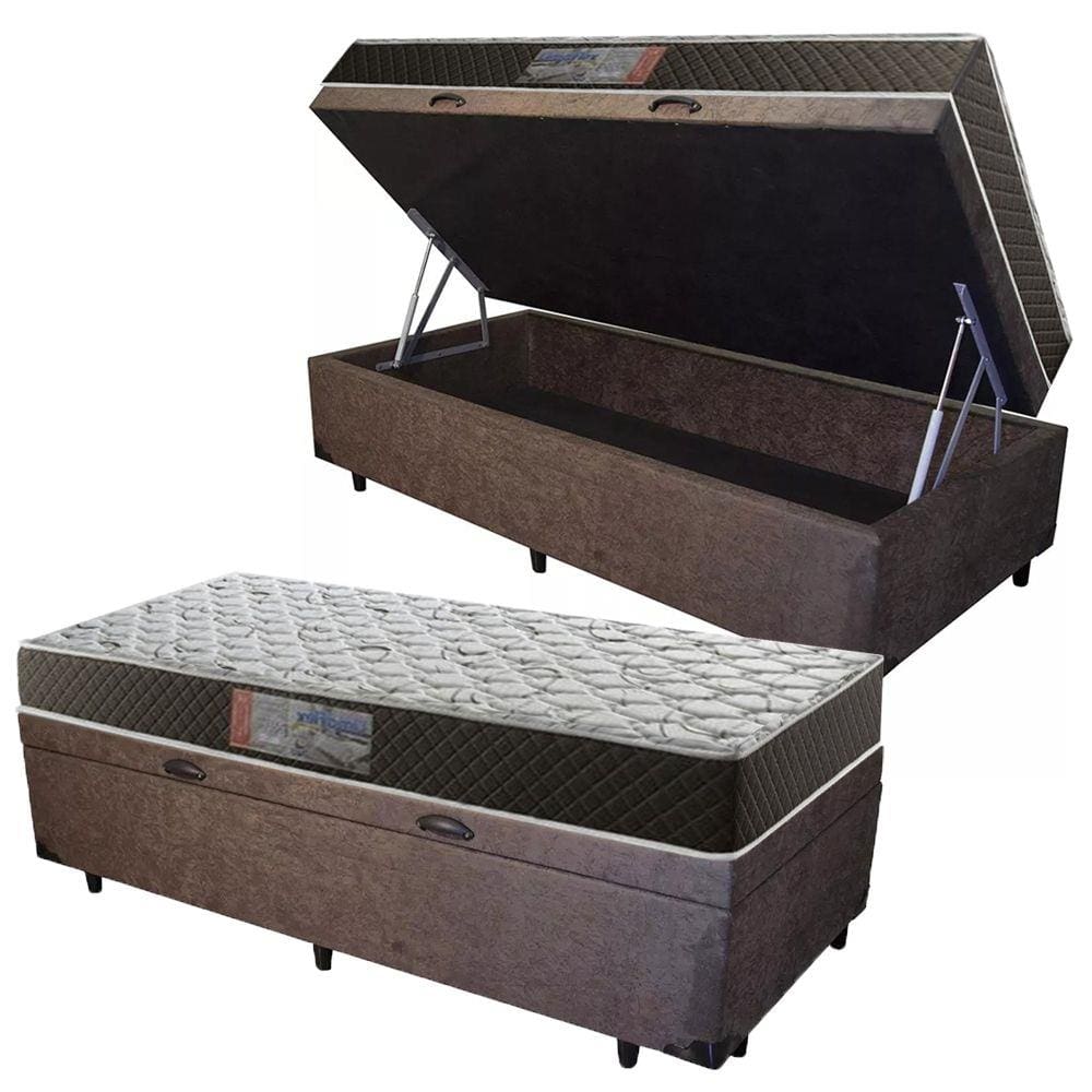 Cama Box Baú Solteiro Colchão Mola Bonnel Acolchões + Box Suede 61x88x188