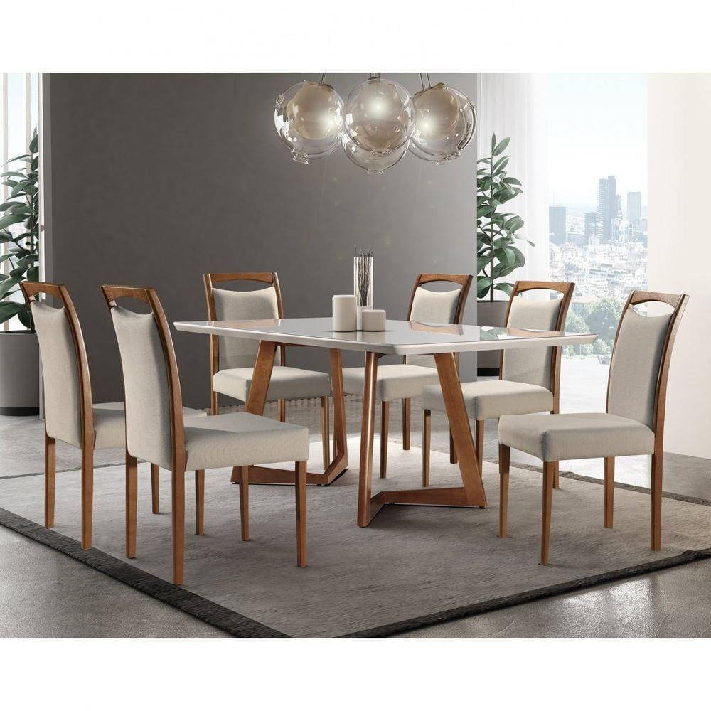 Conjunto Sala de Jantar Mesa Madeira Maciça 6 Cadeiras Safira Mobilare Imbuia Natural/Off White/Imbuia Natural