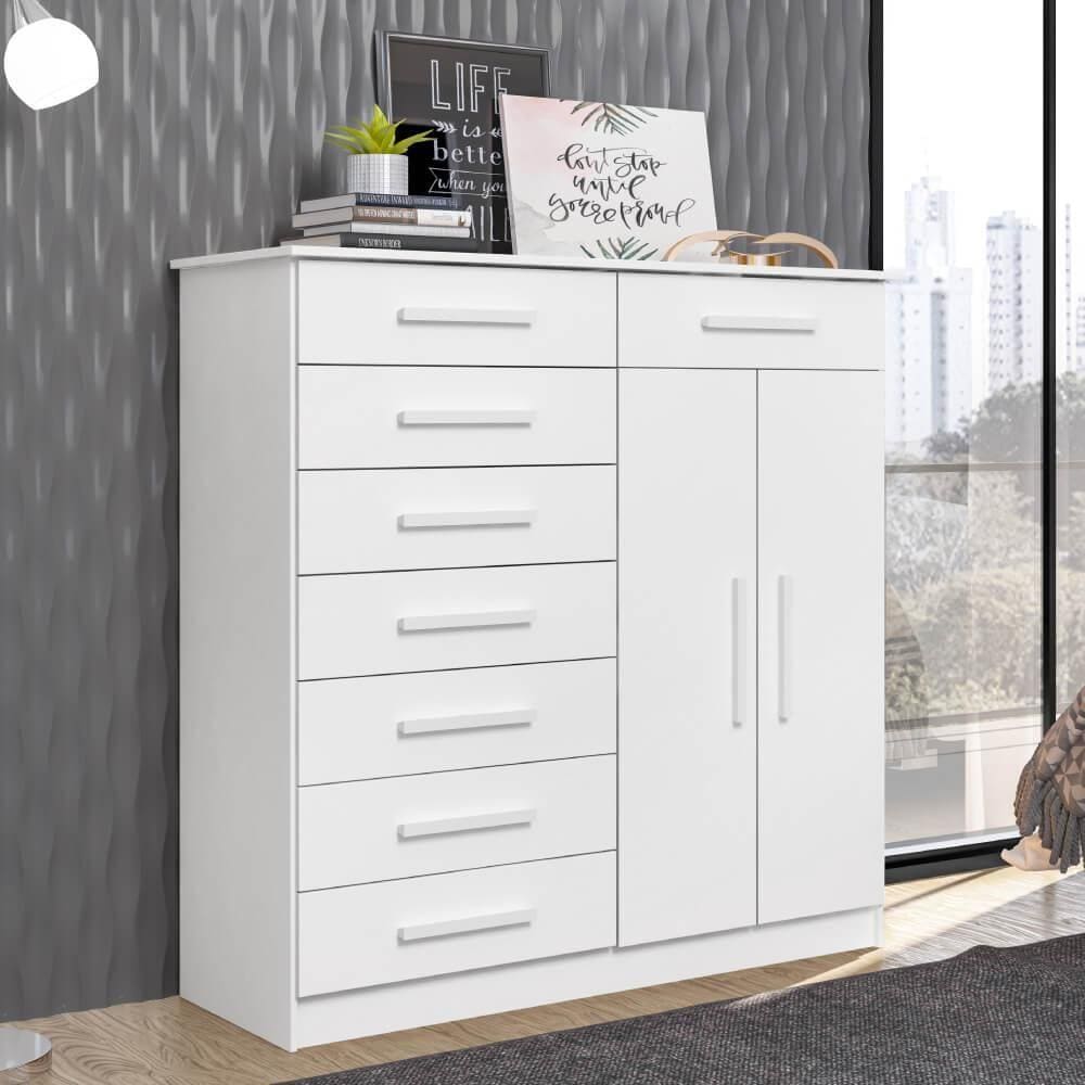 Cômoda New Verona com 8 Gavetas e 2 Portas - Branco