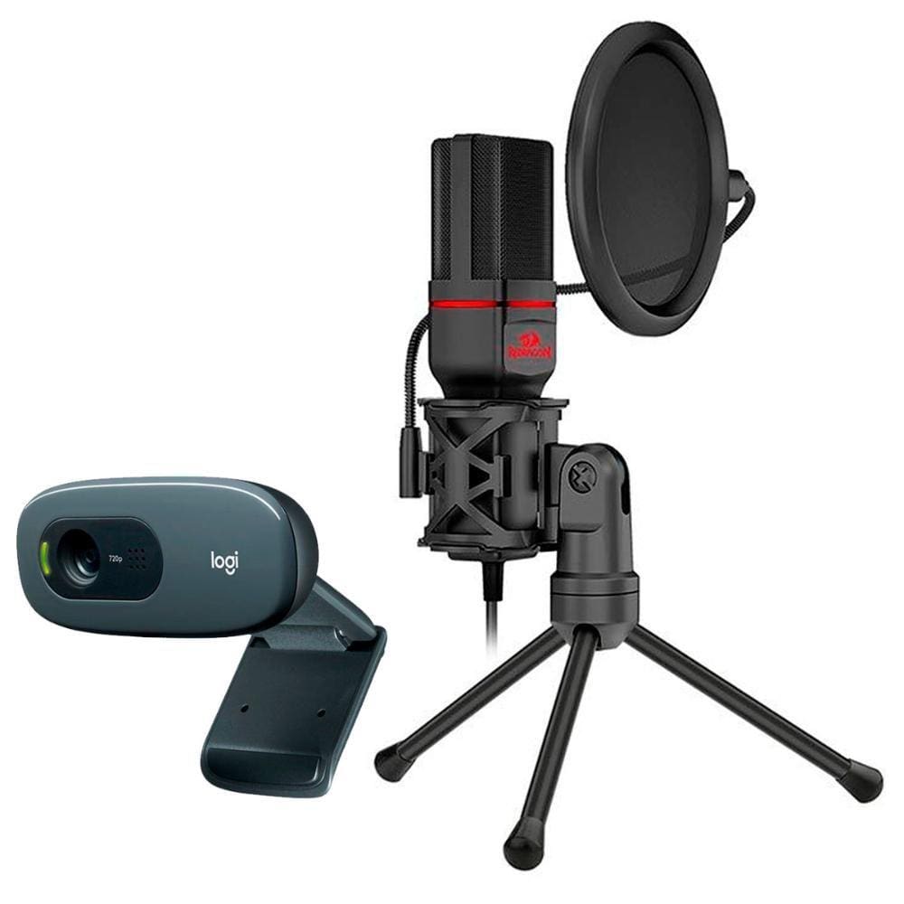 Kit Stream Webcam Logitech C270 + Microfone Condensador Redragon Seyfert