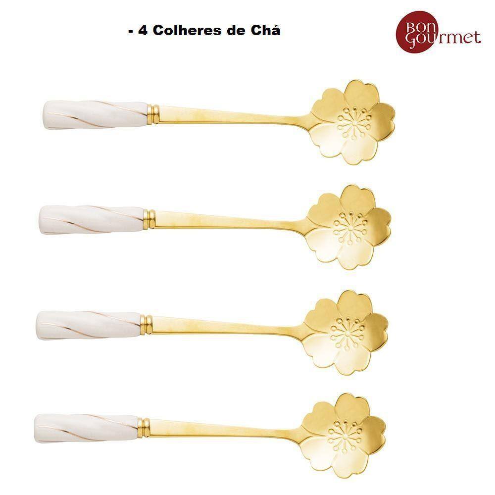 Jogo 4 Colheres Para Chá Inox Cabo Cerâmica Flower Dourado/Branco