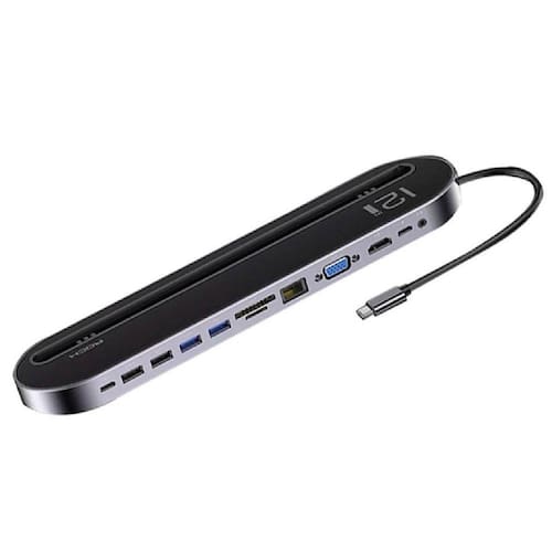 Hub 12 Em 1 Rock 3 USB-C / Tipo C + 2 USB 2.0 + 2 USB 3.0 + RJ45 Porta Gigabit Ethernet + VGA + HDMI multifuncional HUB