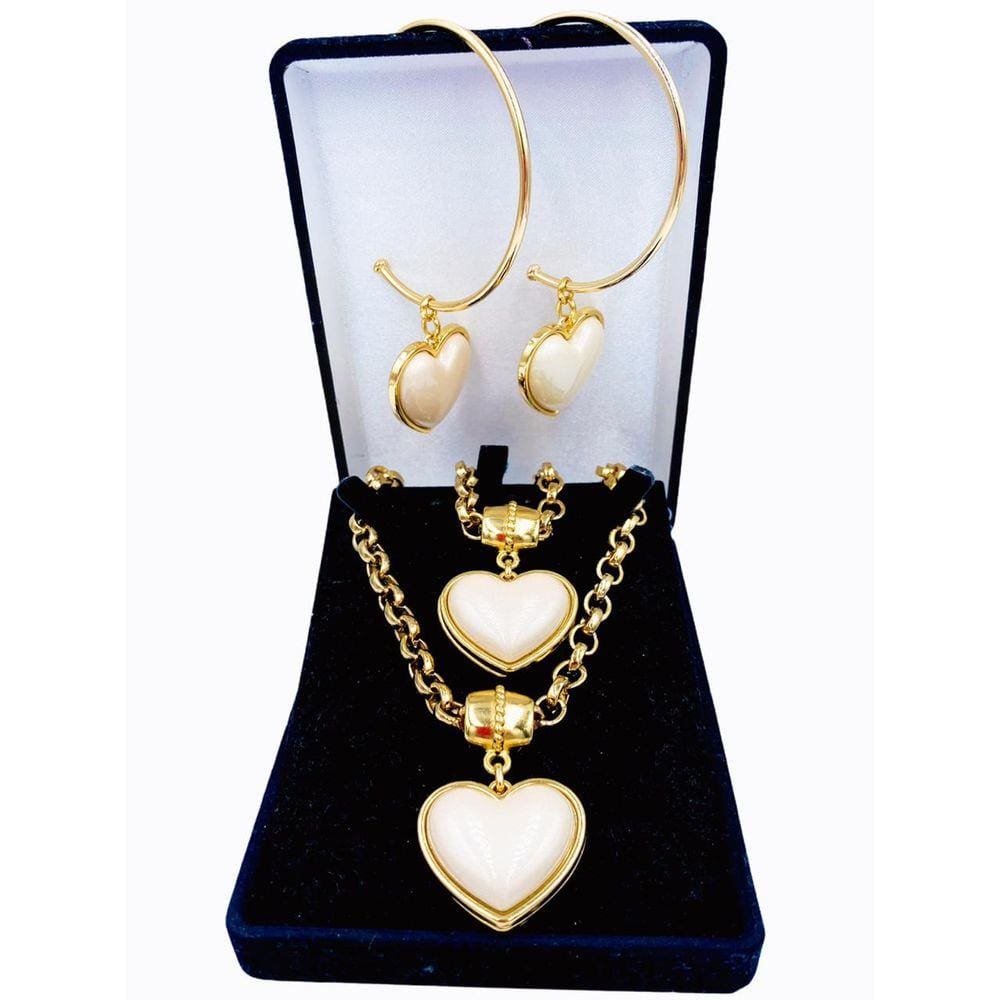 Kit Colar + Pulseira + Argolas Coração Creme Elo Português Grosso 6mm