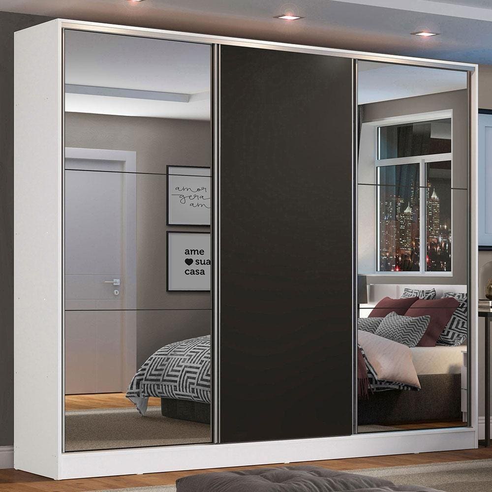 Guarda Roupa Casal 100% MDF Madesa Zurique 3 Portas de Correr com Espelhos - Branco/Preto