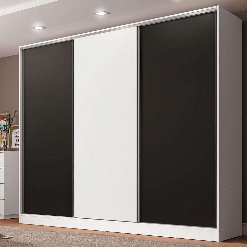 Guarda Roupa Casal 100% MDF Madesa Royale 3 Portas de Correr - Branco/Preto/Branco
