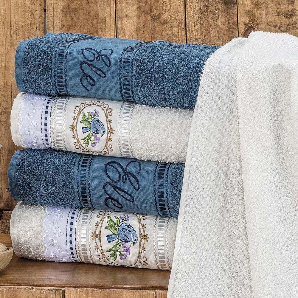 Jogo de Toalhas de Banho Bordado Ponto Russo Pássaros 100% Algodão 5 Peças