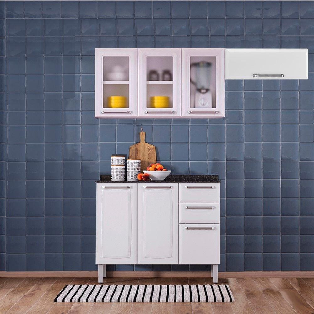 Cozinha Itatiaia Luce 7 Portas com Balcão 2 Gavetas Branco e Armários Aéreos 3 Vidros Brancos