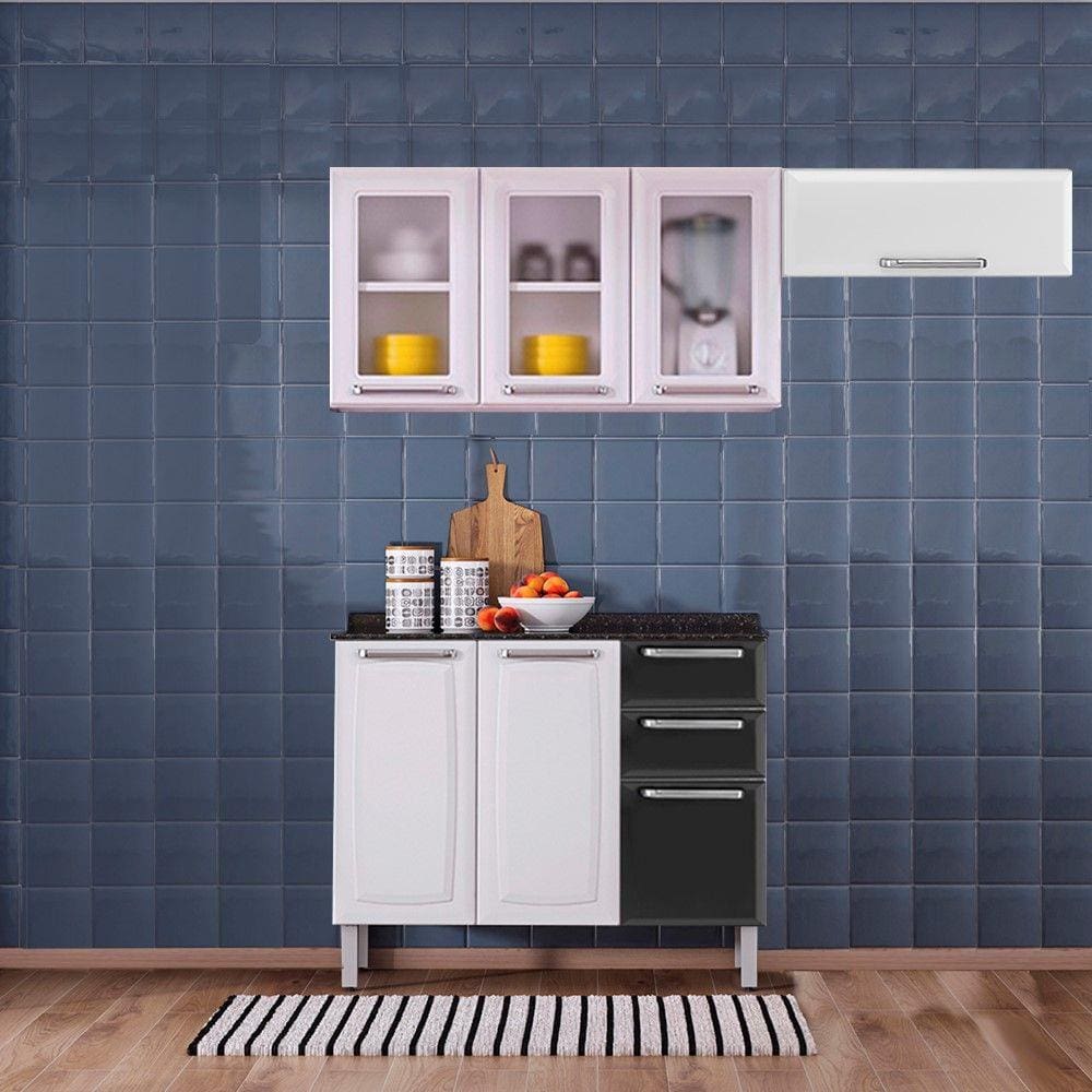 Cozinha Itatiaia Luce 7 Portas com Balcão 2 Gavetas Preto e Armários Aéreos 3 Vidros Brancos