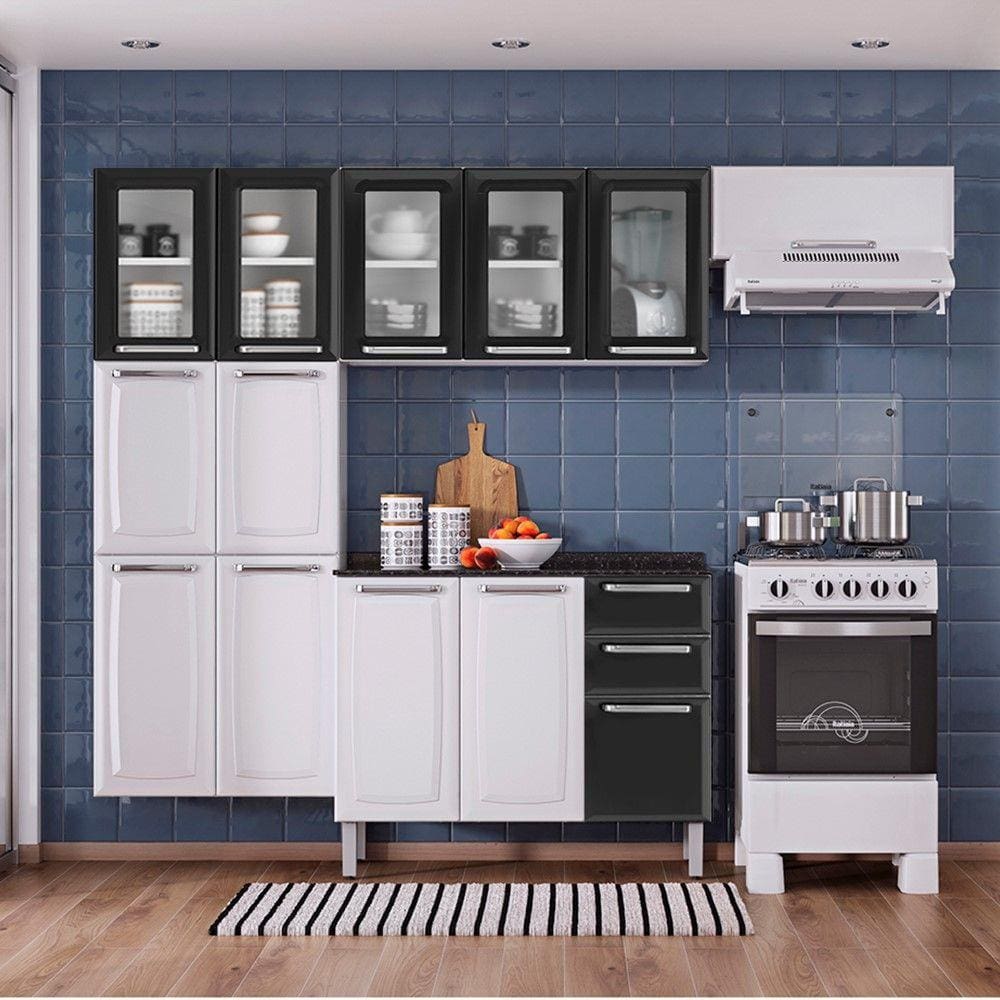 Cozinha Itatiaia Luce Compacta 4 Pecas 5 Vidros Branco/Preto Paneleiro Armario Aereo Gabinete