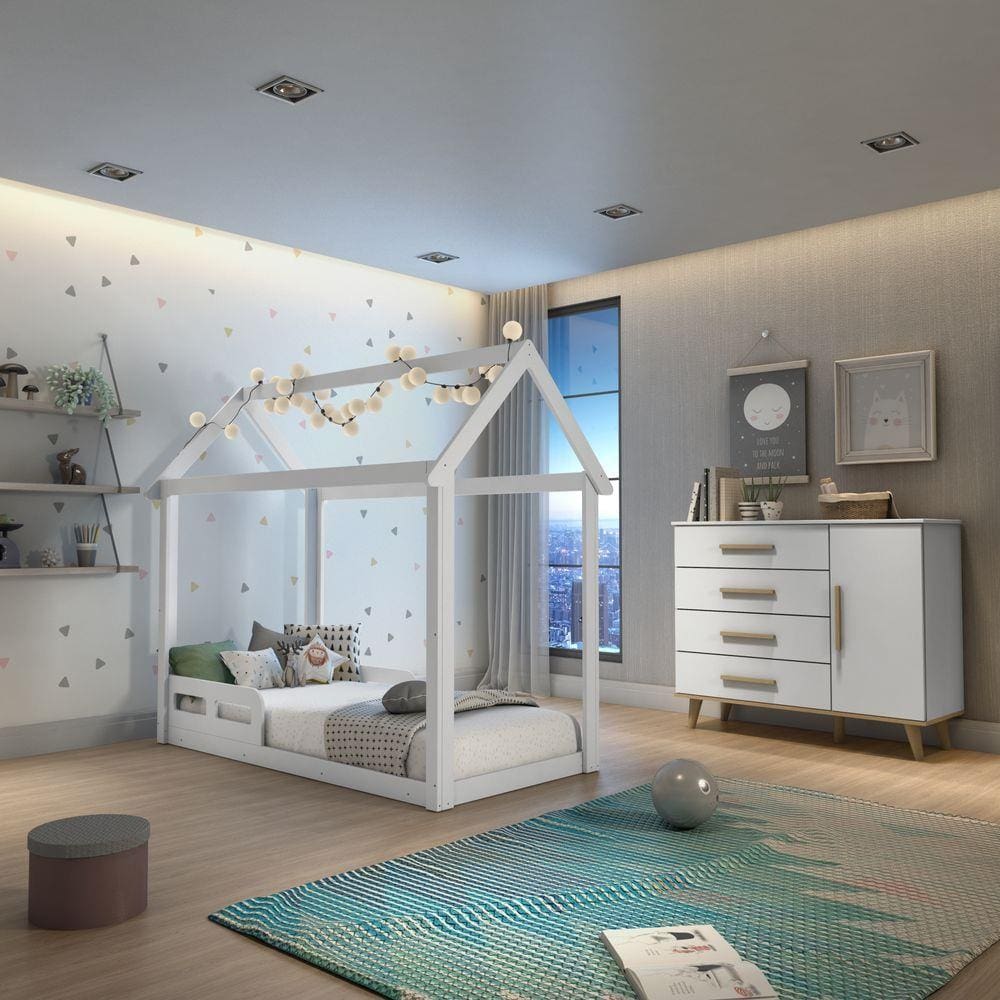 Quarto Infantil Montessoriano Cama Casinha Comoda 4 Gavetas Retrô Ludmila Branco Fosco Carolina Baby