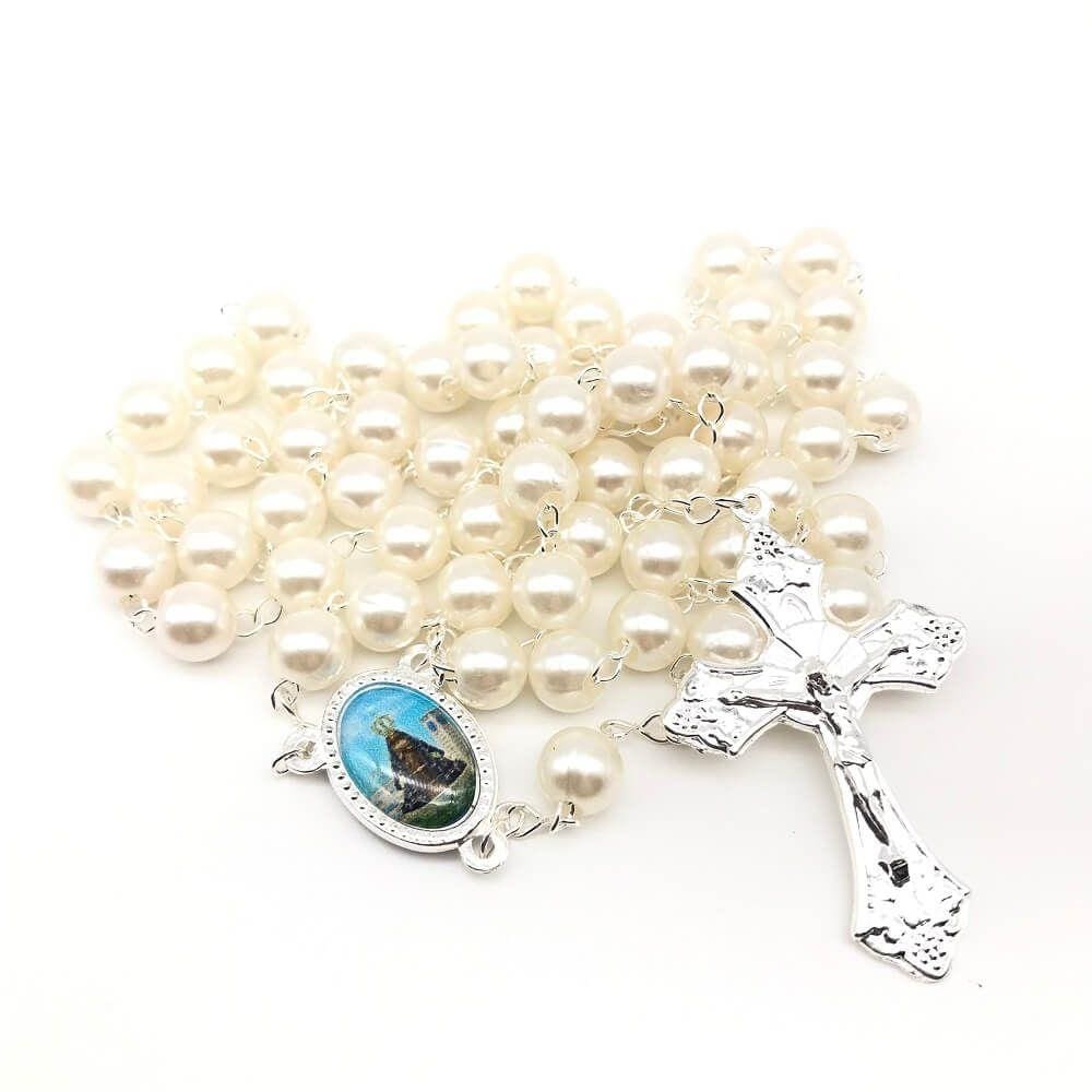 Terço Nossa Senhora Aparecida Pérola Creme 8Mm