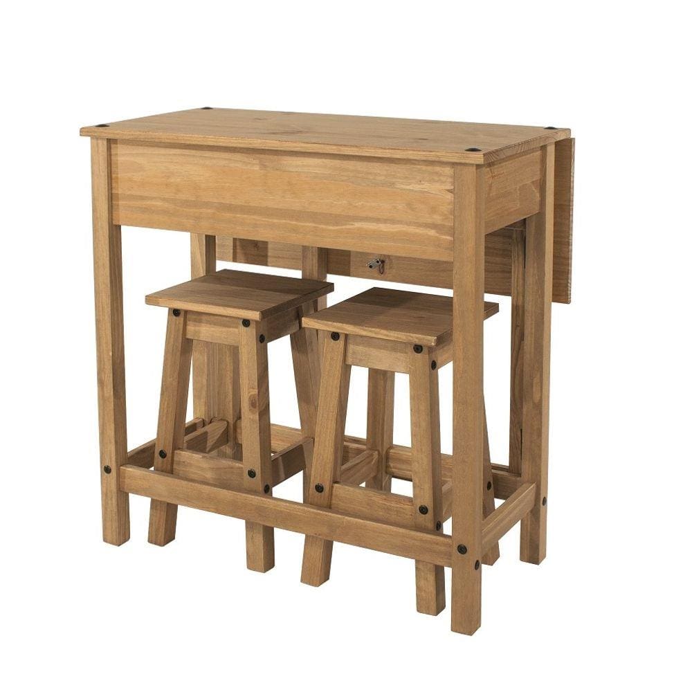 Mesa Dobrável e 2 Banquetas de Madeira Maciça Marrom Antique