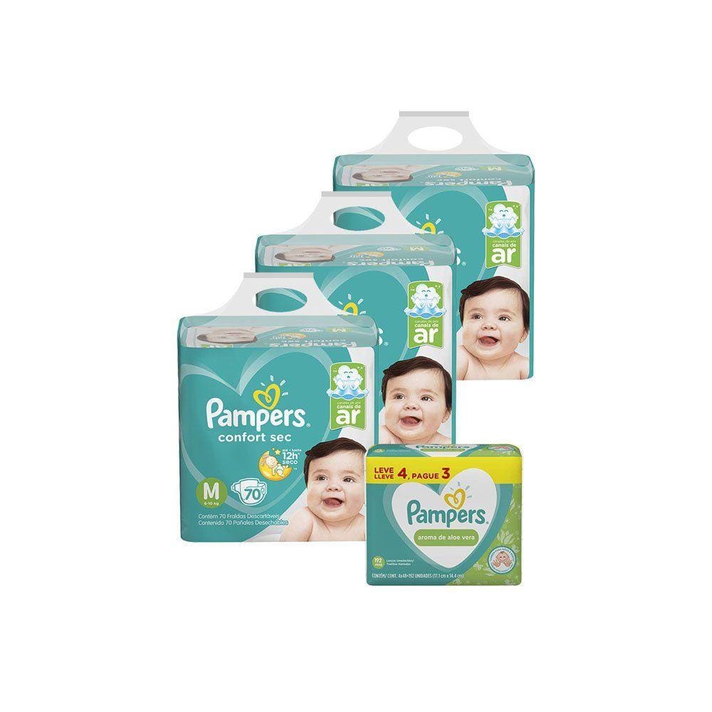 Kit Pampers M Confort Sec Super 210 Unidades + Lenço Umedecido Pampers Aloevera 192 Unidades