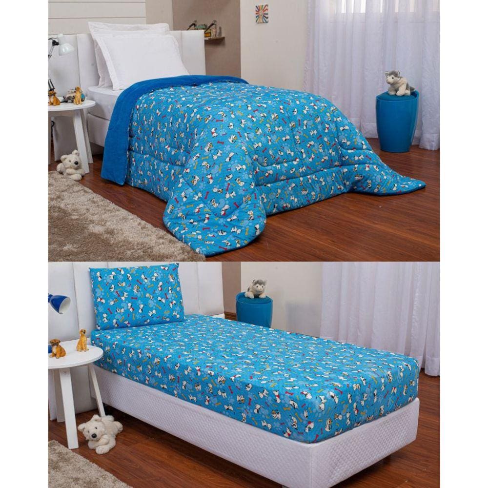 Kit Edredom Solteiro Dupla Face e Lençol Flacce Plush e Malha Azul Royal