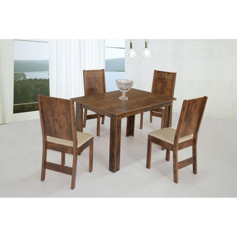 Conjunto Mesa Retangular Mariah Com 04 Cadeiras Bronze Demolição Tecido Asgard Bege - São Carlos