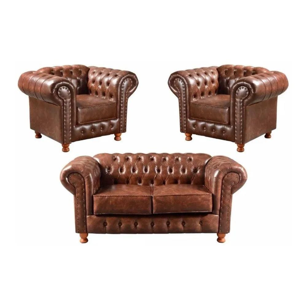 Conjunto Chesterfield Namoradeira + Poltrona Luiz XV Courino Marrom