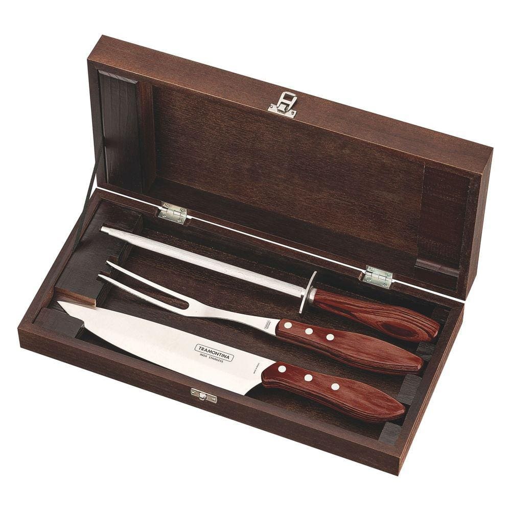 Kit para Churrasco Tramontina em Aço Inox Cabo Vermelho Polywood com Estojo de Madeira 4 Peças Tramontina