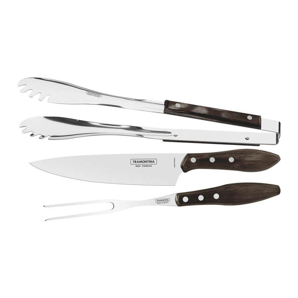 Jogo para Churrasco Tramontina em Aço Inox com Cabo Castanho Polywood 3 Peças Tramontina