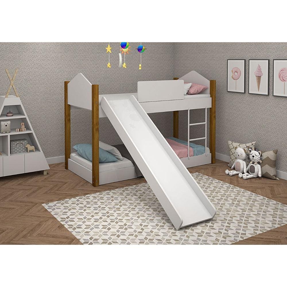 Beliche Infantil/Juvenil Luiza Branco/Mel com Pés de Madeira com Escorregador