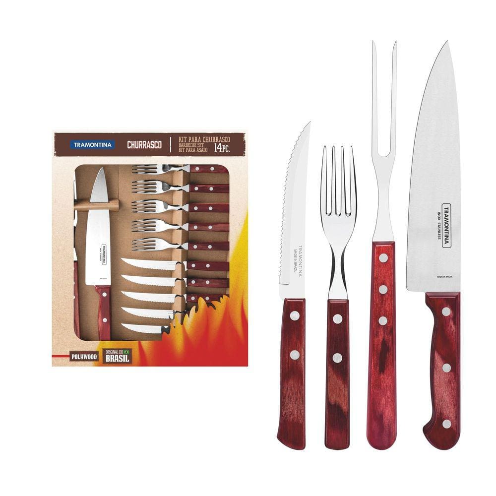 Kit para Churrasco Tramontina em Aço Inox com Cabo Vermelho Polywood 14 Peças Tramontina
