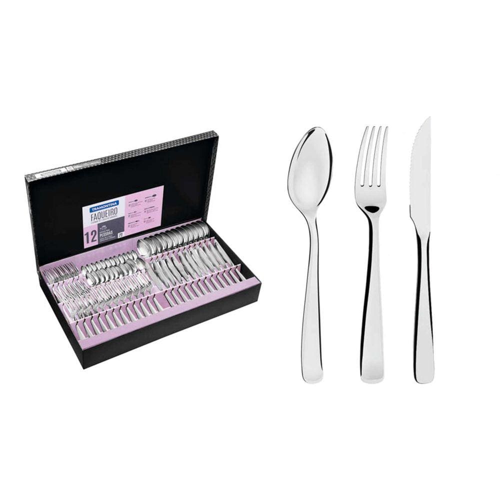 Faqueiro Tramontina Pacific em Aço Inox com Facas para Churrasco Acabamento Alto Brilho com Detalhes no Cabo 72 Peças Tramontina