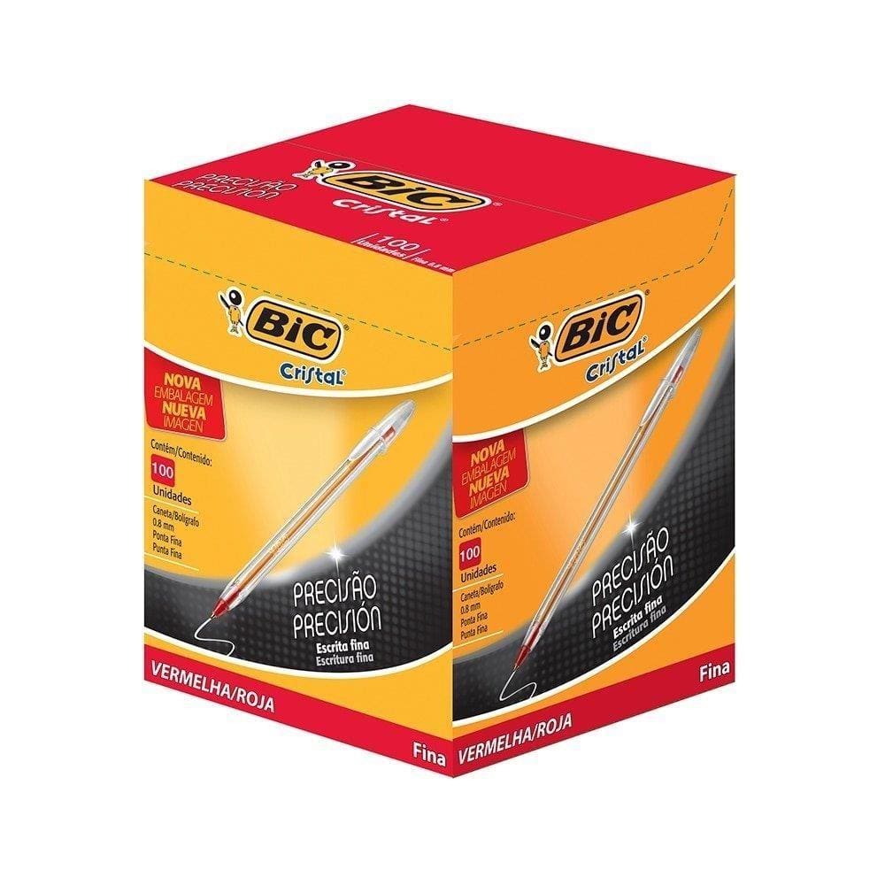 Caneta Bic Cristal Fina Vermelha - Embalagem com 100 unidades