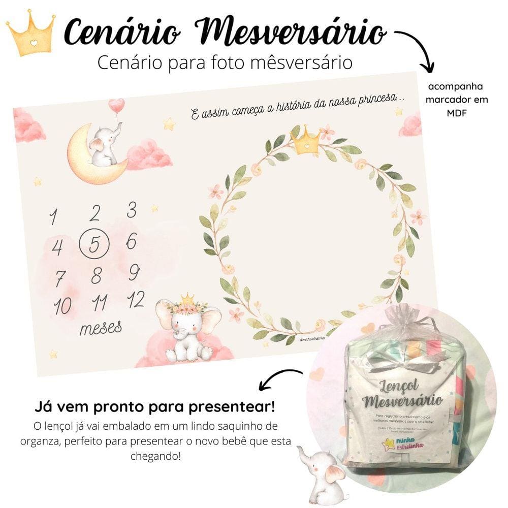 Lençol Mêsversário Cenário Para Fotos Bebê Elefante Menina