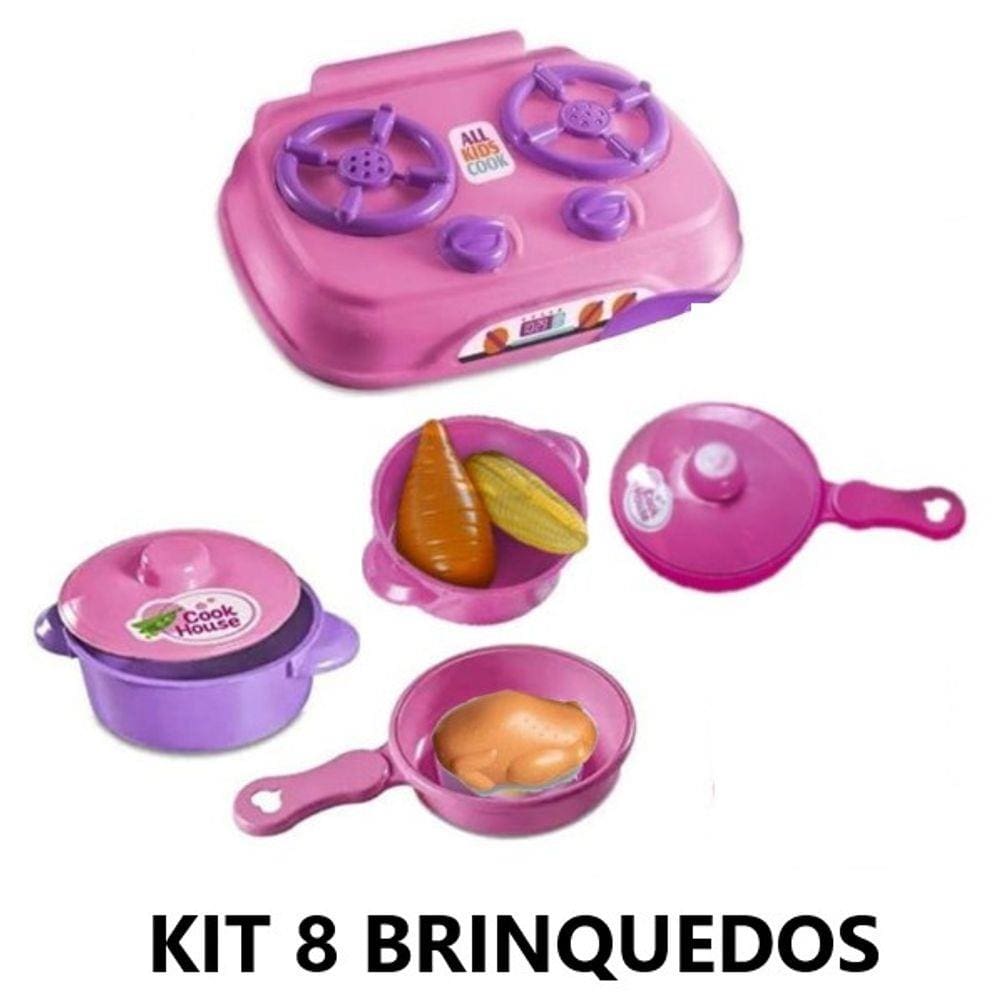 Kit Cozinha Infantil com 8 Brinquedos Fogão, 1 Panelinha com tampa, 1 frigideira com frango, 1 Frigideira com tampa e 1