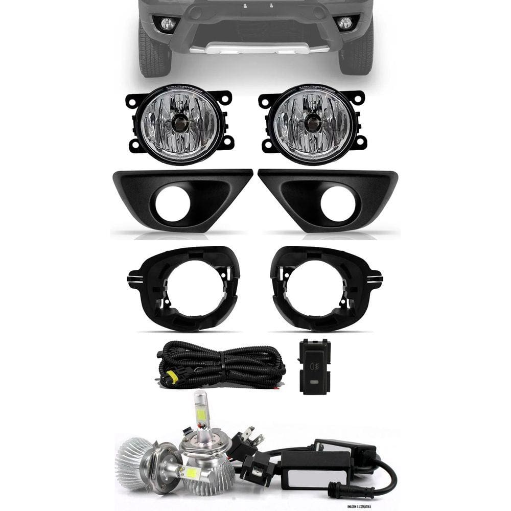 Kit Farol de Milha Renault Oroch + Moldura e Base Para Fixação - Botão Painel + Kit Lâmpada Super LED 6000K