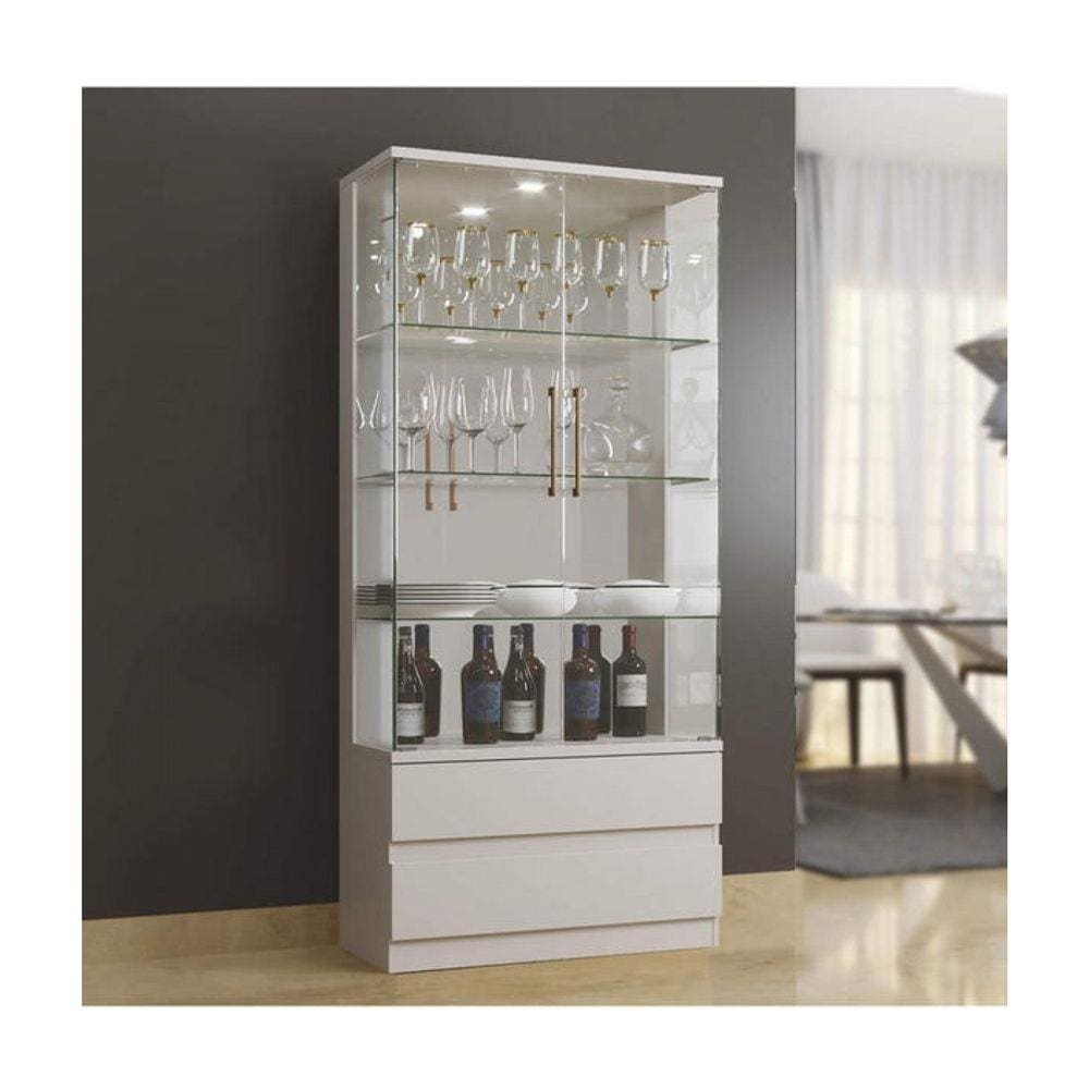 Cristaleira 2 Portas de Vidro 2 Gavetas e 3 Prateleiras de Vidro Diamante Mavaular - Off White - ByMobille