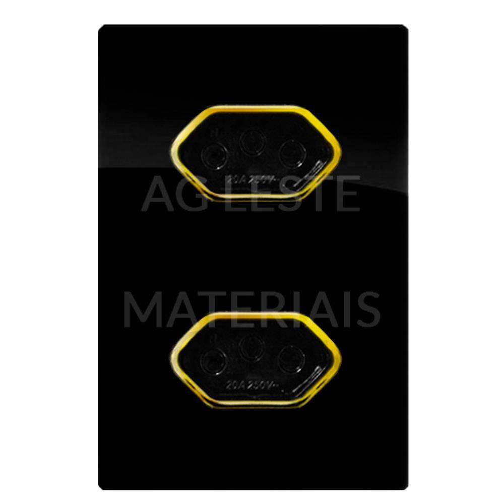 Cj Tomada Dupla 10A Com Suporte 4X2 - Dicompel Novara Preto Brilhante Gold - Dnv1700/32Pbgd