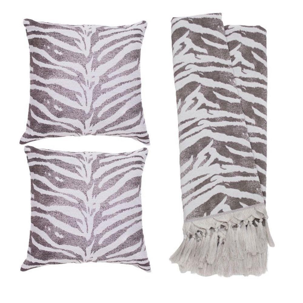 Kit Manta Rústica e Capa de Almofada para Sofá Zebra Cinza