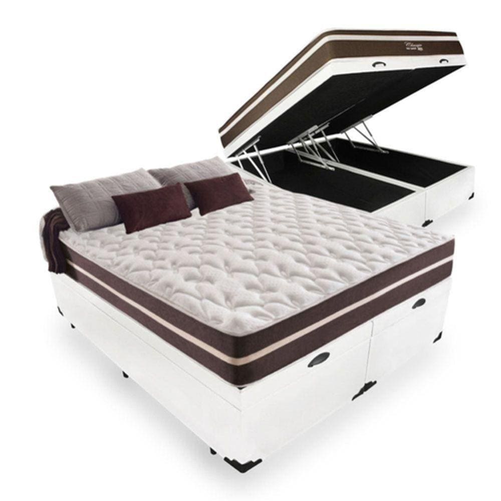 Cama Box Com Baú Queen Sintético Branco + Colchão De Molas - Anjos - Classic Superlastic 158x198x64cm